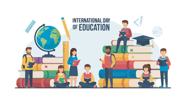 International Day of Education illustration featuring students of diverse backgrounds engaged in learning surrounded by books and educational symbols. - Powered by Adobe
