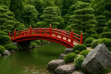 Traditional Japanese Garden with Red Arched Bridge over Pond