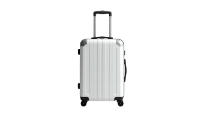 A pristine white hard-shell rolling suitcase with a telescopic handle stands against a stark black background, highlighting its sleek design