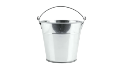 A shiny, metallic bucket with a curved handle. It has a rounded shape with a silver interior. Its solid construction is clear