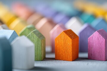 Colorful, miniature wooden houses lined up in rows on a gray surface