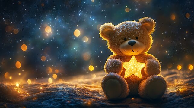 Teddy bear holding a star in its paws dreamy cosmic background