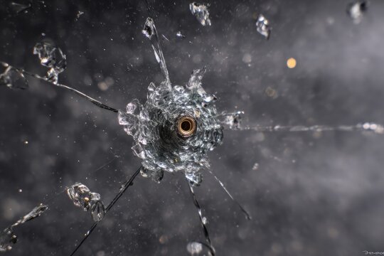 Extreme close-up of a circular impact point on glass, with radiating cracks and shards