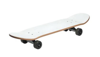 A sleek, pristine skateboard against a stark black background, showcasing a smooth white deck with brown edges and dark gray wheels