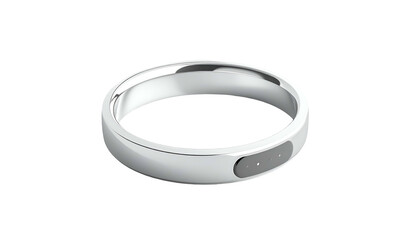 A sleek, modern, smart ring rests on a black background, with a metallic silver finish. It contains small, dark gray indicator lights
