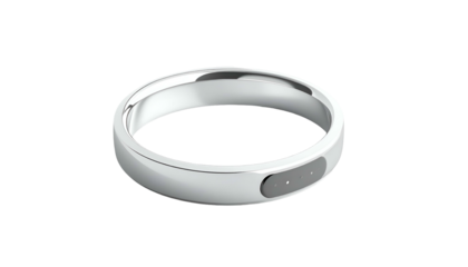A sleek, modern, smart ring rests on a black background, with a metallic silver finish. It contains small, dark gray indicator lights