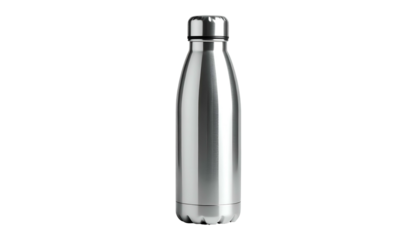 A stainless steel, vacuum-insulated water bottle with a silver cap and base, set against a black background