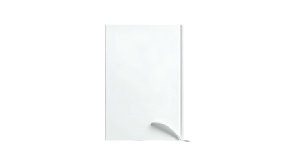 A stark, minimalist composition featuring a partially peeled, rectangular paper sheet isolated against a black backdrop