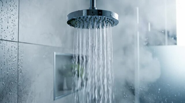 Luxurious overhead shower with hot water cascading down with steam rising in modern bathroom