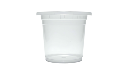 A translucent, cylindrical container with a fitted lid, seen against a black backdrop. The cup is empty, simple, and the focus of the shot