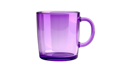 A translucent, violet-colored mug with a handle, depicted on a stark black background. It appears to be made of glass