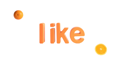A vibrant composition features the word "like" in a playful, orange 3D font, contrasted against a black backdrop. Oranges surround the text