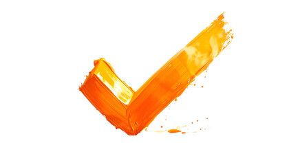 A vibrant, orange-hued check mark rendered with bold brushstrokes against a stark black background. It appears freshly painted