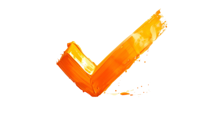 A vibrant, orange-hued check mark rendered with bold brushstrokes against a stark black background. It appears freshly painted