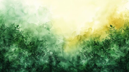 Green watercolor abstract background with blurred yellow accents, serene natural soft tones harmonious blend for environmental themes and tranquility designs