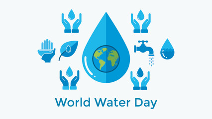 World Water Day illustration with a large water drop containing the Earth, surrounded by icons of hands holding water, a leaf, and a faucet.