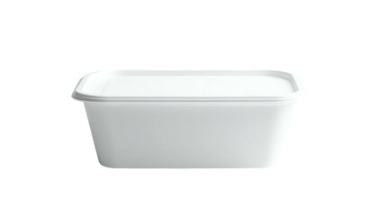 A white rectangular container with a lid, possibly for food storage or takeout. It's clean and isolated on black