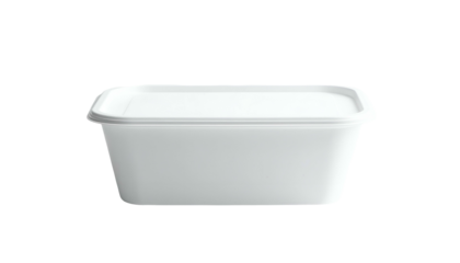 A white rectangular container with a lid, possibly for food storage or takeout. It's clean and isolated on black