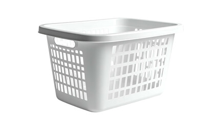 A white, rectangular plastic basket with holes is displayed, offering a classic design for storing clothes or items. The handles allow portability
