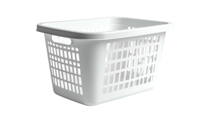 A white, rectangular plastic basket with holes is displayed, offering a classic design for storing clothes or items. The handles allow portability