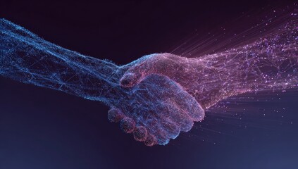 Two glowing, abstract, connected digital hands shaking in agreement