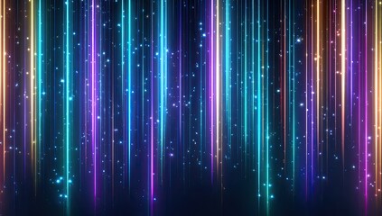 Vertical neon streaks of blue, purple, and orange with sparkling particles