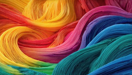 Abstract swirling strands of vibrant, textured yarn in a rainbow of colors