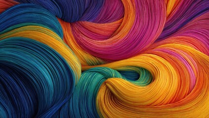 Vibrant, flowing strands of colorful material intertwine, creating a dynamic abstract design