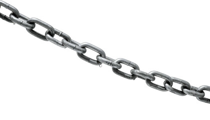 Close-up angled shot revealing a metal chain. Links form a diagonal across black, contrasting the texture and metallic sheen