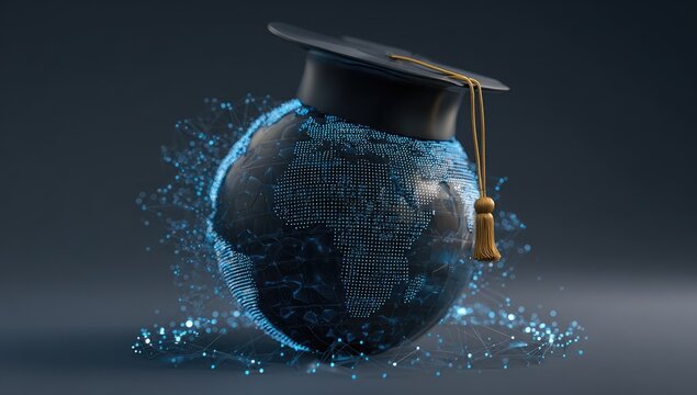 Digital globe wearing graduation cap, with glowing network connections - Powered by Adobe