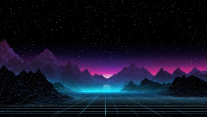 Neon grid landscape under starry sky with glowing mountains