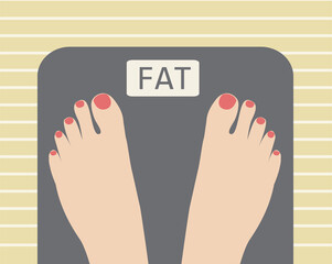 Lose weight concept, woman standing on scale measuring with fat word
