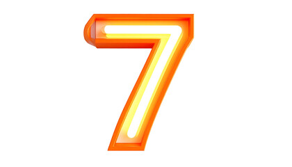 Illuminated, three-dimensional numeral seven, glowing with orange and white light against a deep black background. Graphic, digital design