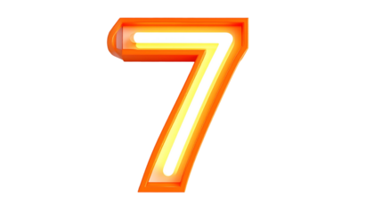 Illuminated, three-dimensional numeral seven, glowing with orange and white light against a deep black background. Graphic, digital design