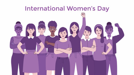 Fototapeta premium A diverse group of women standing together in solidarity for International Women's Day, with one woman raising her fist in empowerment.