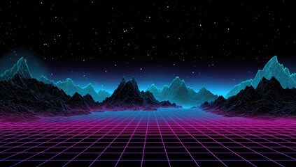 Neon grid landscape with glowing mountains under a starry night sky