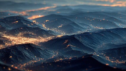 Rippling, dark ocean waves with glowing, scattered settlements at twilight