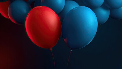 Vibrant red balloon stands out amongst a cluster of dark blue balloons