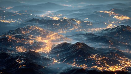 Dark, wavy landscape illuminated by scattered, glowing lights at night