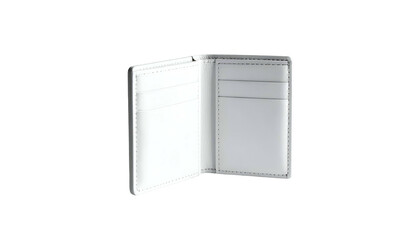 Open white wallet, showcasing the internal slots and stitched edges, suspended in a dark, clean void