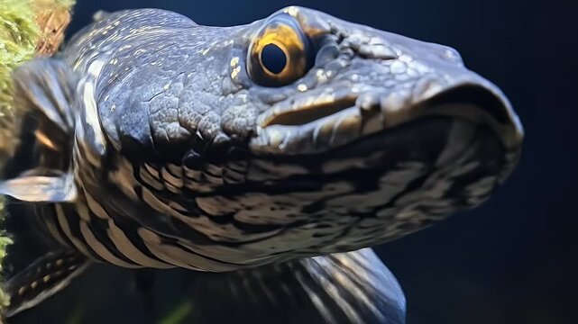 Snakehead fish extreme close-up on head, scales, and golden eye detail