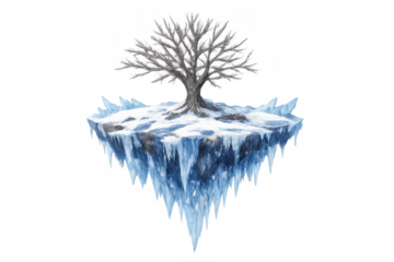 Floating ice island with a bare tree representing winter and frozen fantasy landscapes, showing global warming or climate change