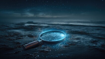 A glowing magnifying glass illuminates particles on a dark, textured ground