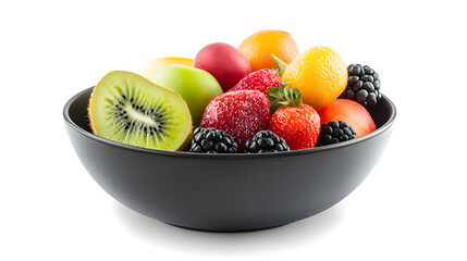 Fresh colorful fruit bowl with kiwi, strawberries, raspberries, blackberries, and pineapple on white background