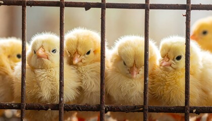 Close-up of fluffy yellow chicks behind cage bars, adorable baby birds in captivity.