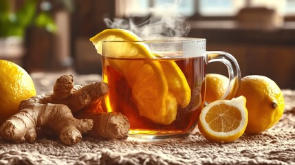 Warm and comforting, lemon ginger tea hot drink, fresh lemon ginger burlap table background, suitable for healthy drink promotional posters, wellness content visuals