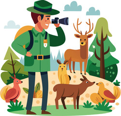 Fototapeta premium Flat vector illustration of a forest ranger looking through binoculars at a group of deer, white background.