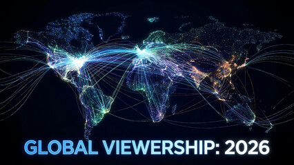 An abstract digital map of the world, labeled "GLOBAL VIEWERSHIP: 2026," shows bright, intricate light connections spanning across all continents.