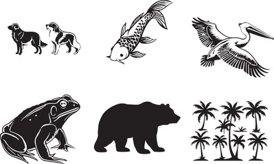 Obraz premium Black and white animal silhouettes with tropical trees