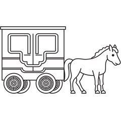 Wagon with horse line art ideal for rustic themes, party decor, and whimsical kid-friendly illustrations.